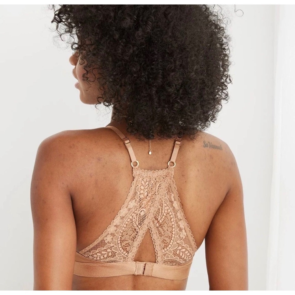Aerie Tan power Lace Racerback Bralette 34A Nude Floral Scalloped Lingerie 5025